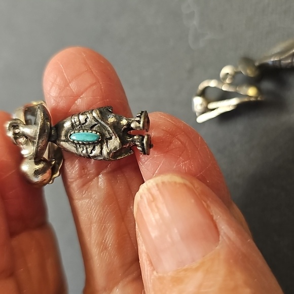 Silver and Turquoise Clip-On Earrings. Detail, You Can See His Toes. - Picture 3 of 4